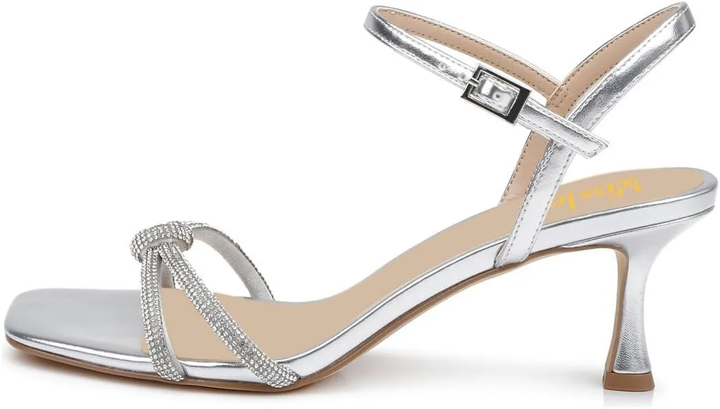 miss left Women's Sexy Sparkly Rhinestone Mid Heel Sandals Knots Square Toe Kitten Heels Strappy Buckle Pumps Chic Wedding Bridal Club Shoes Size 4-16 US