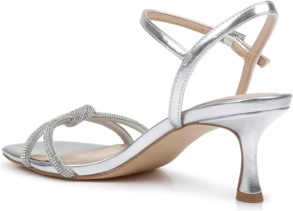 miss left Women's Sexy Sparkly Rhinestone Mid Heel Sandals Knots Square Toe Kitten Heels Strappy Buckle Pumps Chic Wedding Bridal Club Shoes Size 4-16 US