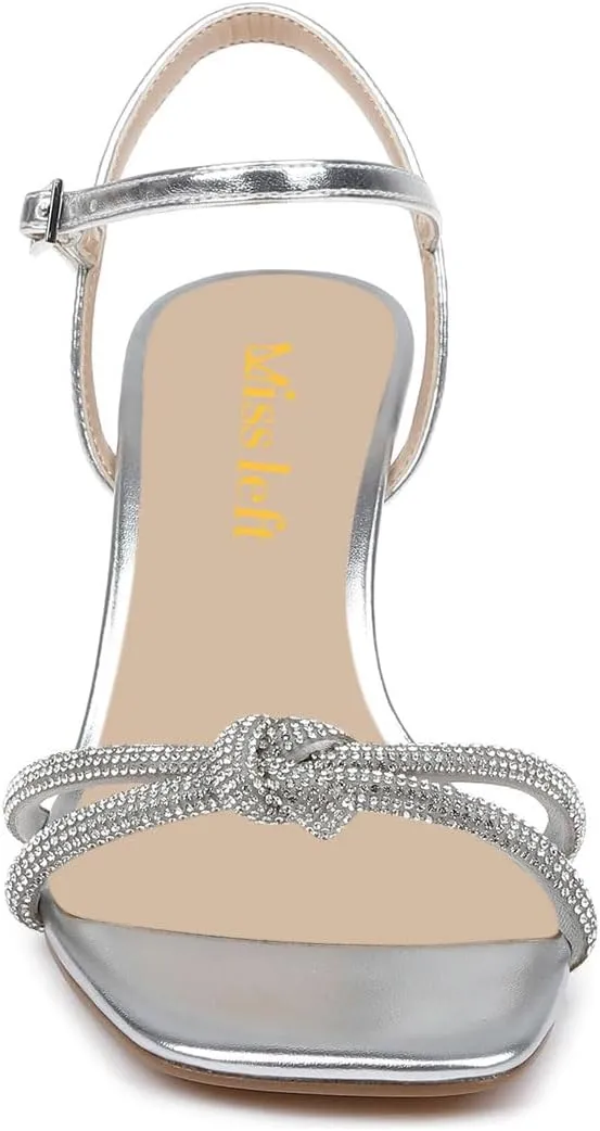 miss left Women's Sexy Sparkly Rhinestone Mid Heel Sandals Knots Square Toe Kitten Heels Strappy Buckle Pumps Chic Wedding Bridal Club Shoes Size 4-16 US