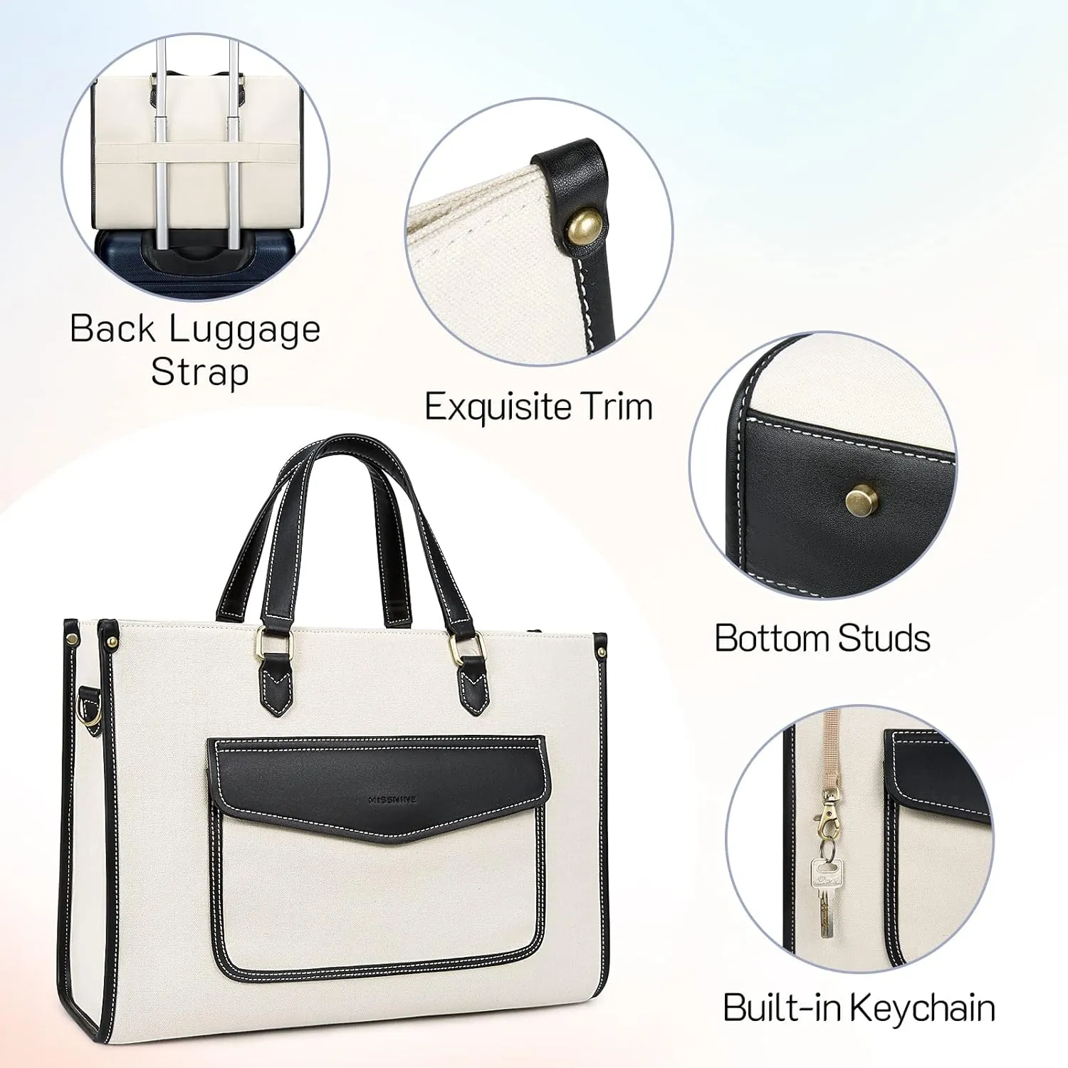 Missnine Laptop Tote Bag for Women 15.6 Inch 2PCS Set, Canvas Work Shoulder Bags with Clutch Purse for Travel, Office, University
