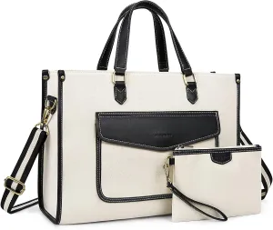 Missnine Laptop Tote Bag for Women 15.6 Inch 2PCS Set, Canvas Work Shoulder Bags with Clutch Purse for Travel, Office, University