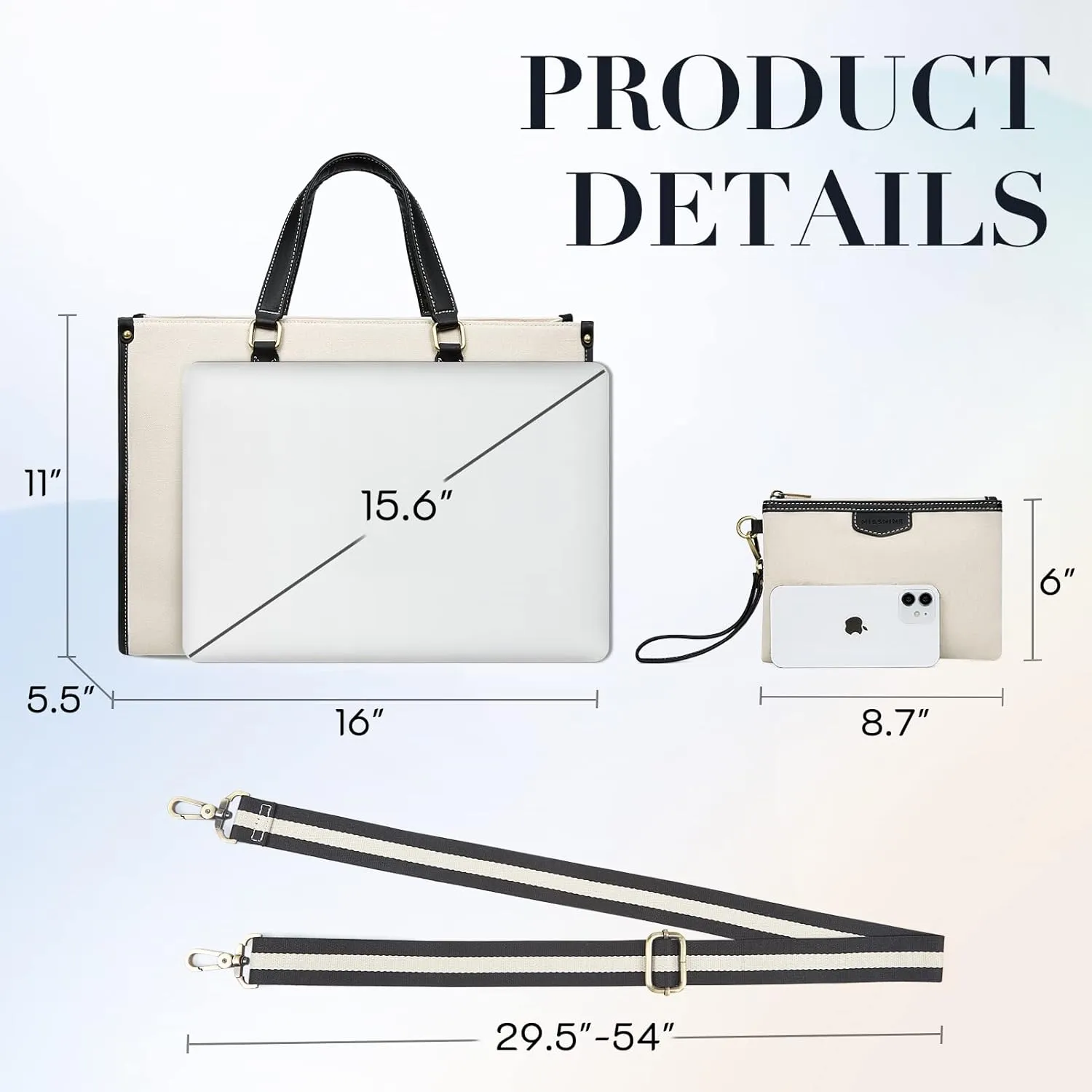 Missnine Laptop Tote Bag for Women 15.6 Inch 2PCS Set, Canvas Work Shoulder Bags with Clutch Purse for Travel, Office, University