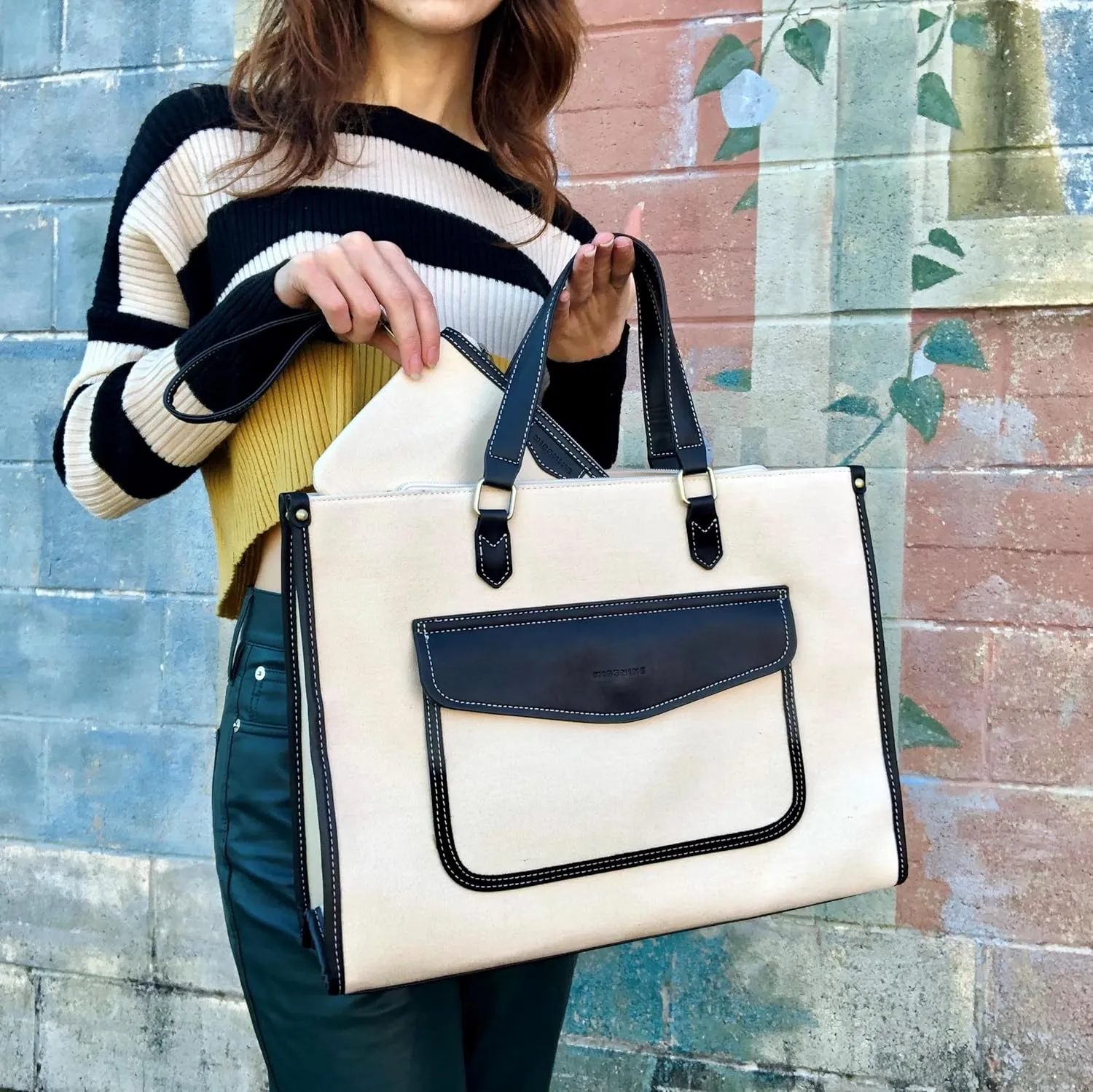 Missnine Laptop Tote Bag for Women 15.6 Inch 2PCS Set, Canvas Work Shoulder Bags with Clutch Purse for Travel, Office, University