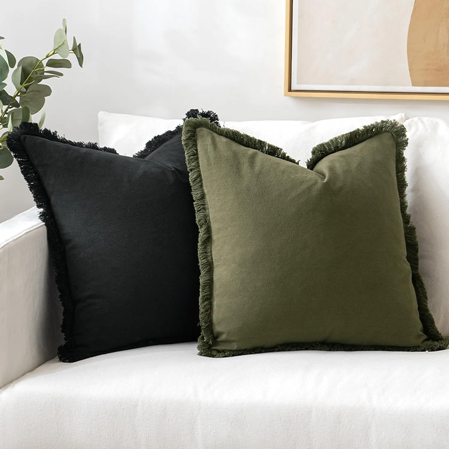 MIULEE Throw Pillow Covers Boho Farmhouse 24x24 Set of 2 Decorative Black Couch with Fringe Chic Cotton Pillowcases Home Decor Accents for Cushion Soft Bed Living Room