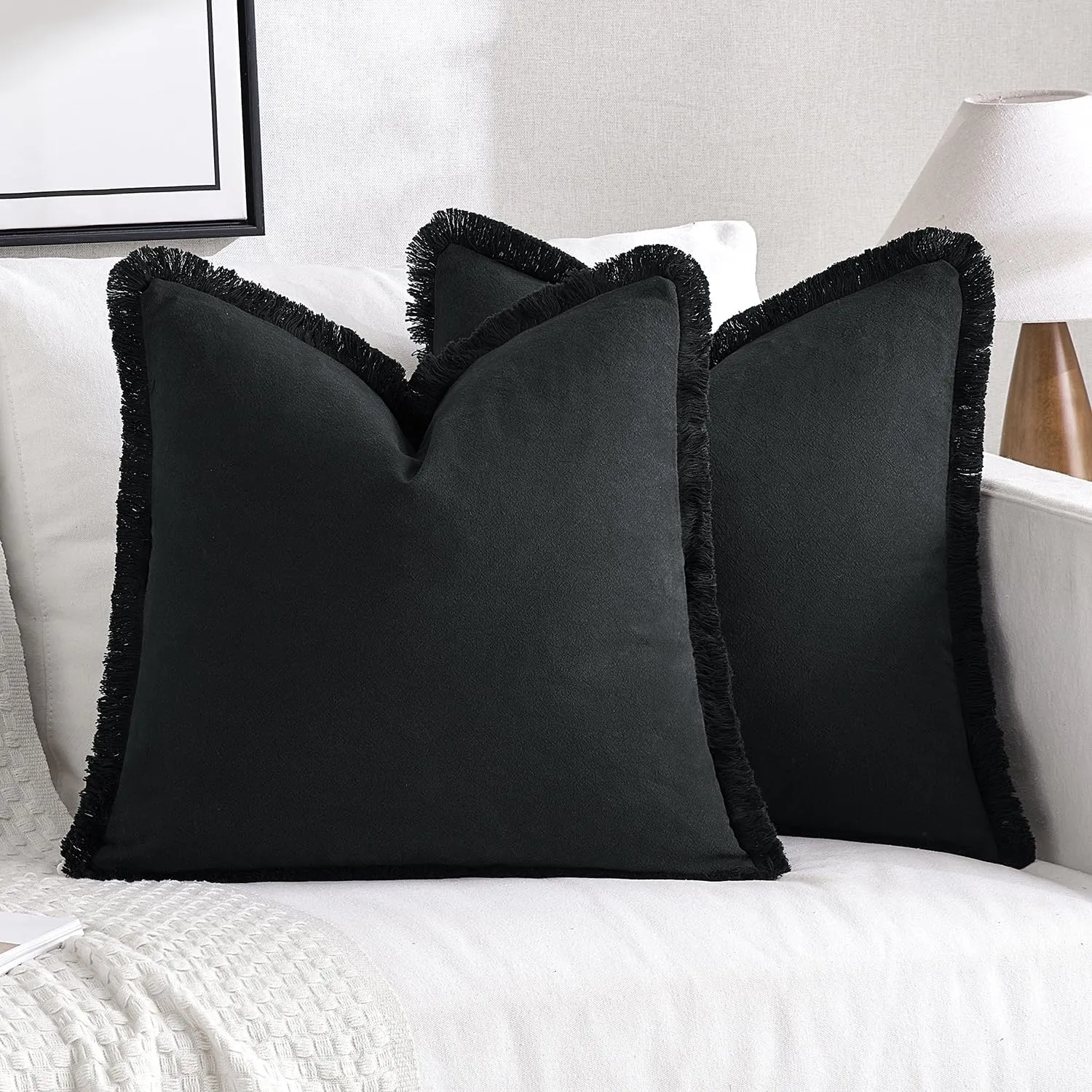 MIULEE Throw Pillow Covers Boho Farmhouse 24x24 Set of 2 Decorative Black Couch with Fringe Chic Cotton Pillowcases Home Decor Accents for Cushion Soft Bed Living Room