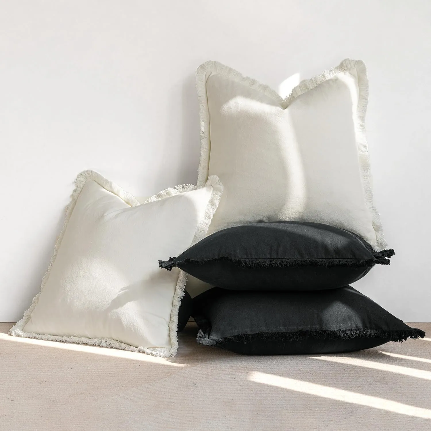MIULEE Throw Pillow Covers Boho Farmhouse 24x24 Set of 2 Decorative Black Couch with Fringe Chic Cotton Pillowcases Home Decor Accents for Cushion Soft Bed Living Room