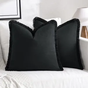 MIULEE Throw Pillow Covers Boho Farmhouse 24x24 Set of 2 Decorative Black Couch with Fringe Chic Cotton Pillowcases Home Decor Accents for Cushion Soft Bed Living Room