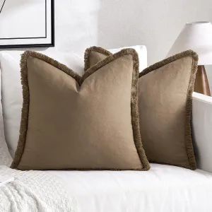 MIULEE Throw Pillow Covers Boho Farmhouse 24x24 Set of 2 Decorative Brown Couch with Fringe Chic Cotton Pillowcases Home Decor Accents for Cushion Soft Bed Living Room