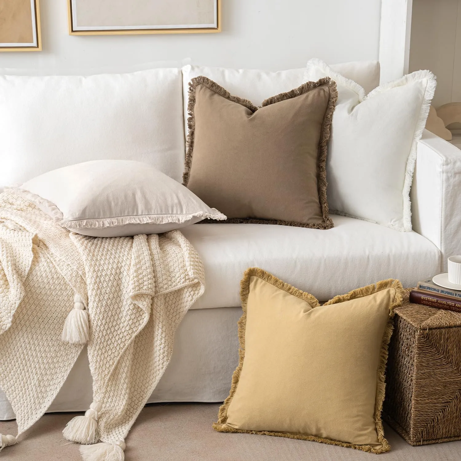 MIULEE Throw Pillow Covers Boho Farmhouse 24x24 Set of 2 Decorative Brown Couch with Fringe Chic Cotton Pillowcases Home Decor Accents for Cushion Soft Bed Living Room