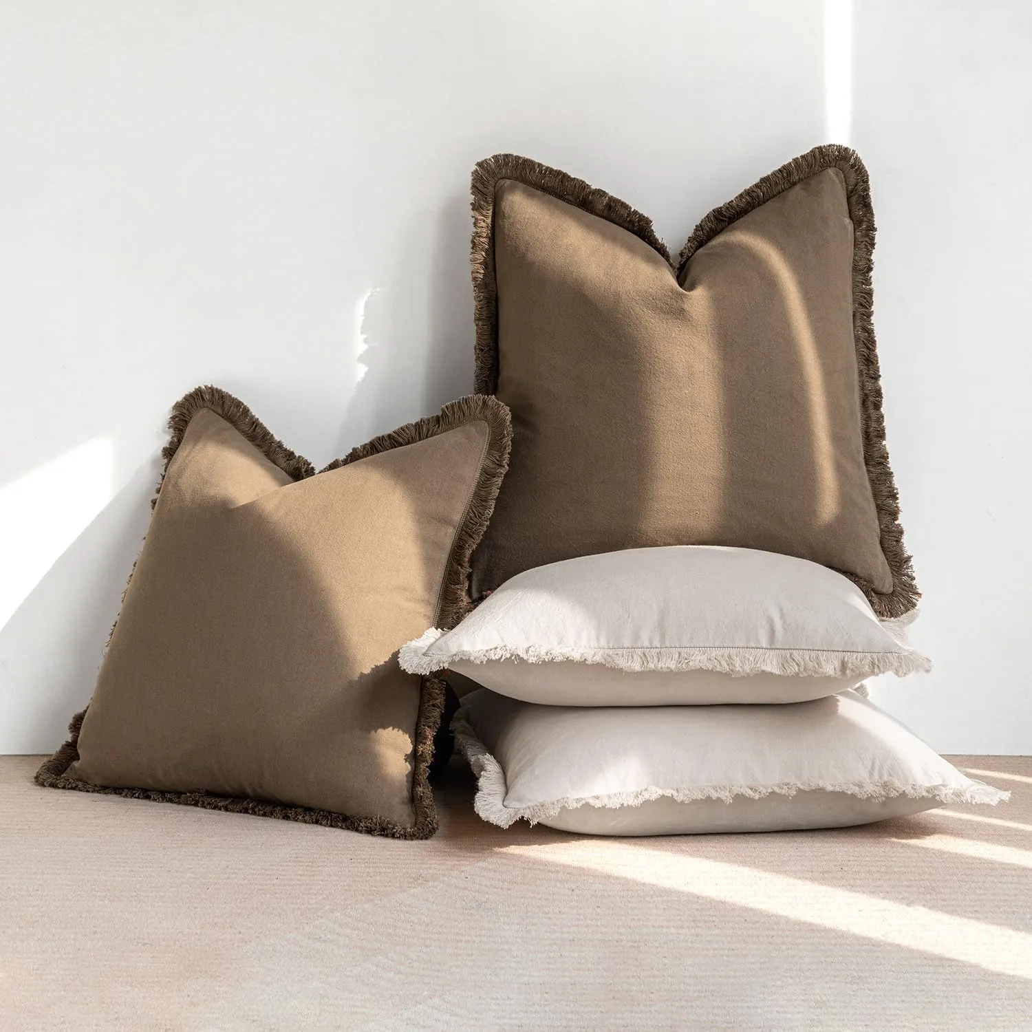 MIULEE Throw Pillow Covers Boho Farmhouse 24x24 Set of 2 Decorative Brown Couch with Fringe Chic Cotton Pillowcases Home Decor Accents for Cushion Soft Bed Living Room