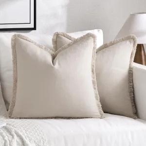 MIULEE Throw Pillow Covers Boho Farmhouse 24x24 Set of 2 Decorative Neutral Couch with Fringe Chic Cotton Pillowcases Home Decor Accents for Cushion Soft Bed Living Room