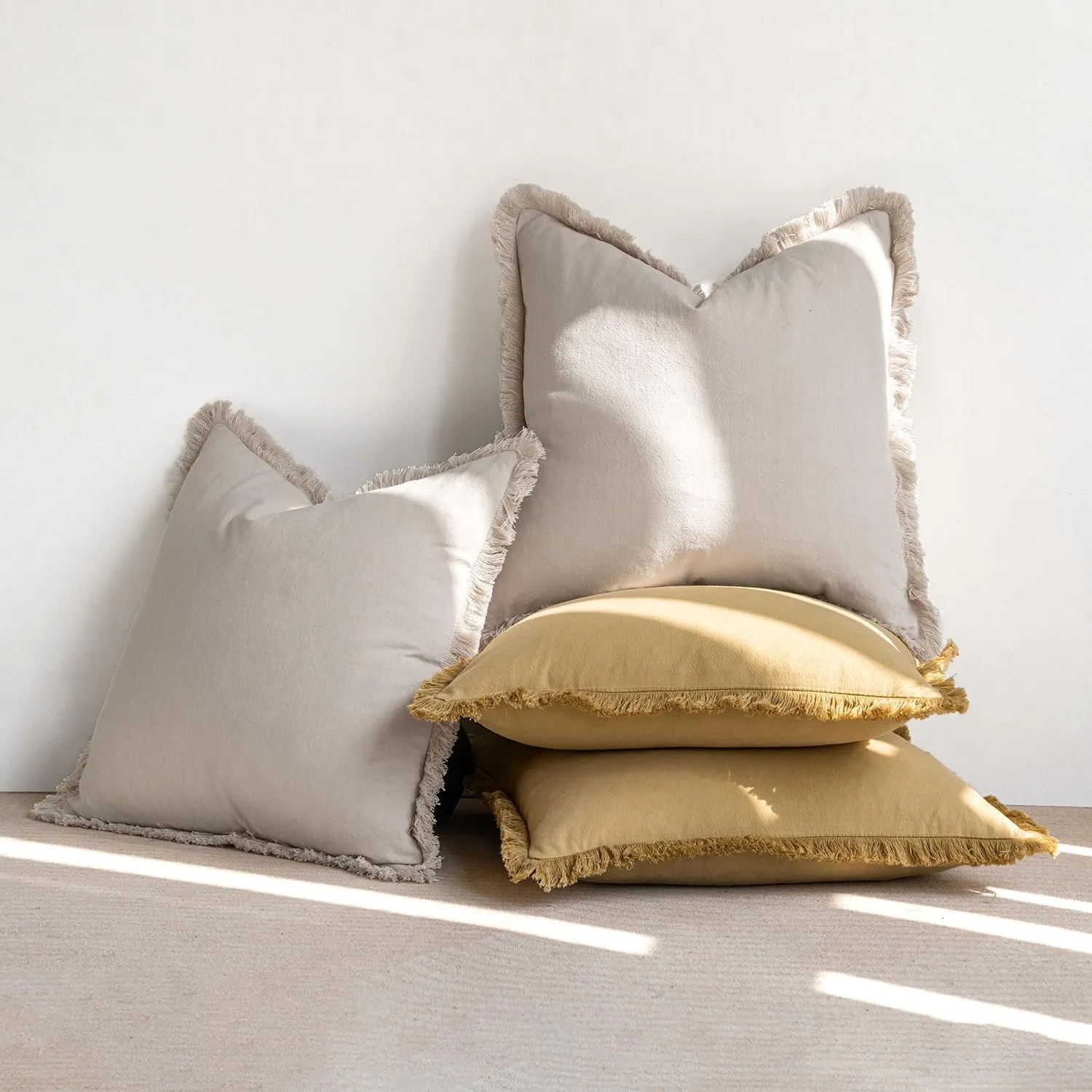MIULEE Throw Pillow Covers Boho Farmhouse 24x24 Set of 2 Decorative Neutral Couch with Fringe Chic Cotton Pillowcases Home Decor Accents for Cushion Soft Bed Living Room