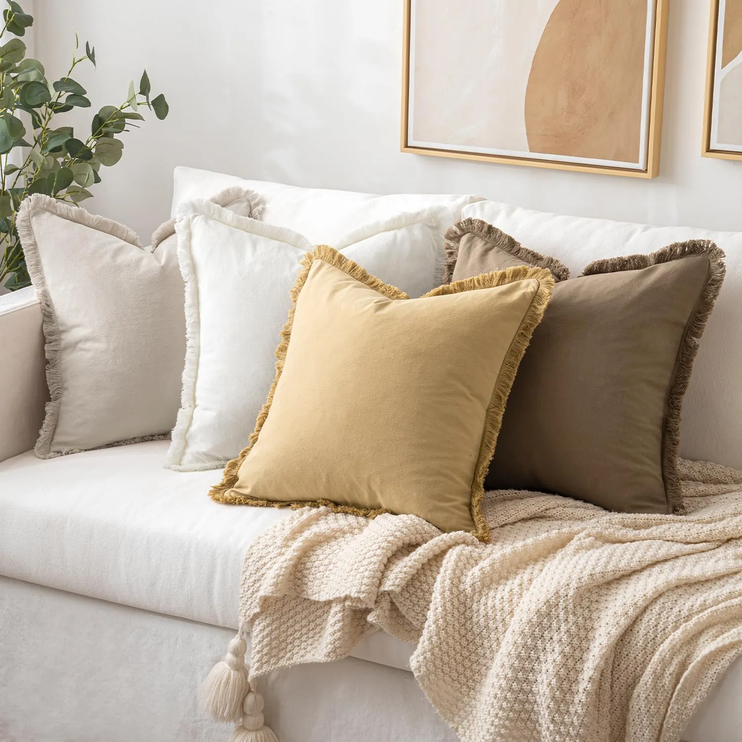 MIULEE Throw Pillow Covers Boho Farmhouse 24x24 Set of 2 Decorative Neutral Couch with Fringe Chic Cotton Pillowcases Home Decor Accents for Cushion Soft Bed Living Room