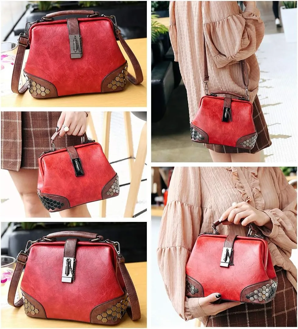 Mn&Sue Gothic Rivet Studded Vintage Doctor Style Cross Body Convertible Bucket Shoulder Handbag for Women