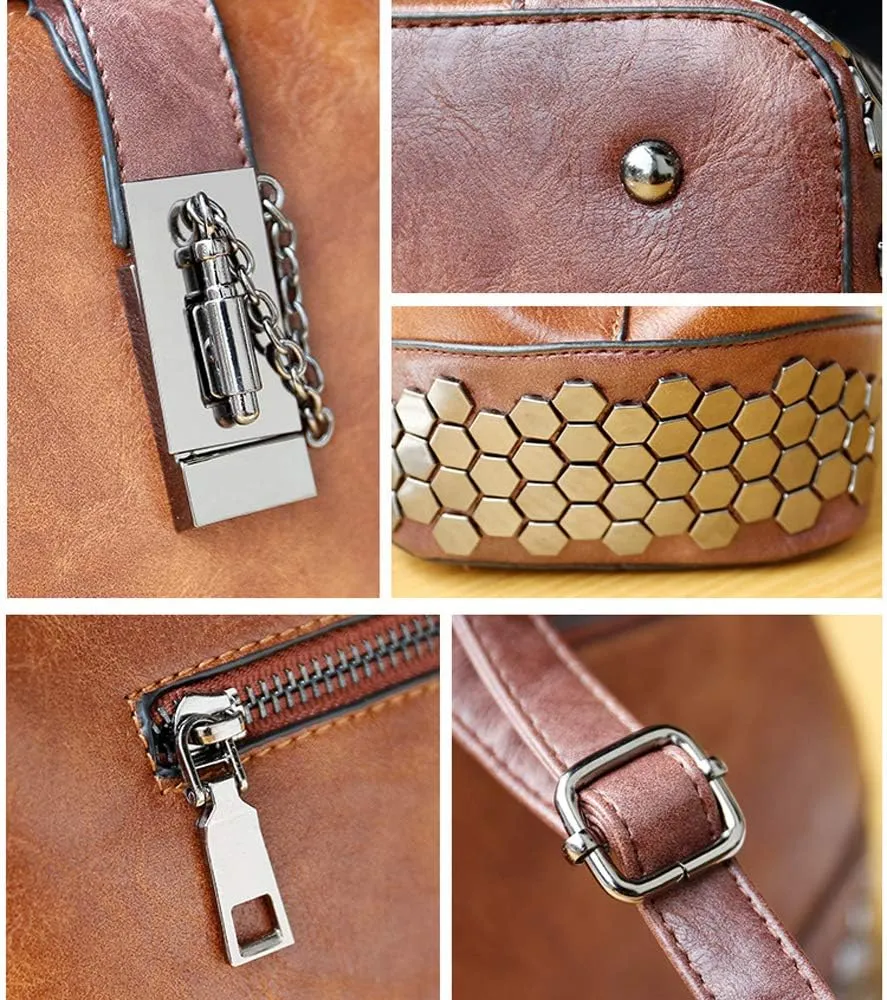 Mn&Sue Gothic Rivet Studded Vintage Doctor Style Cross Body Convertible Bucket Shoulder Handbag for Women
