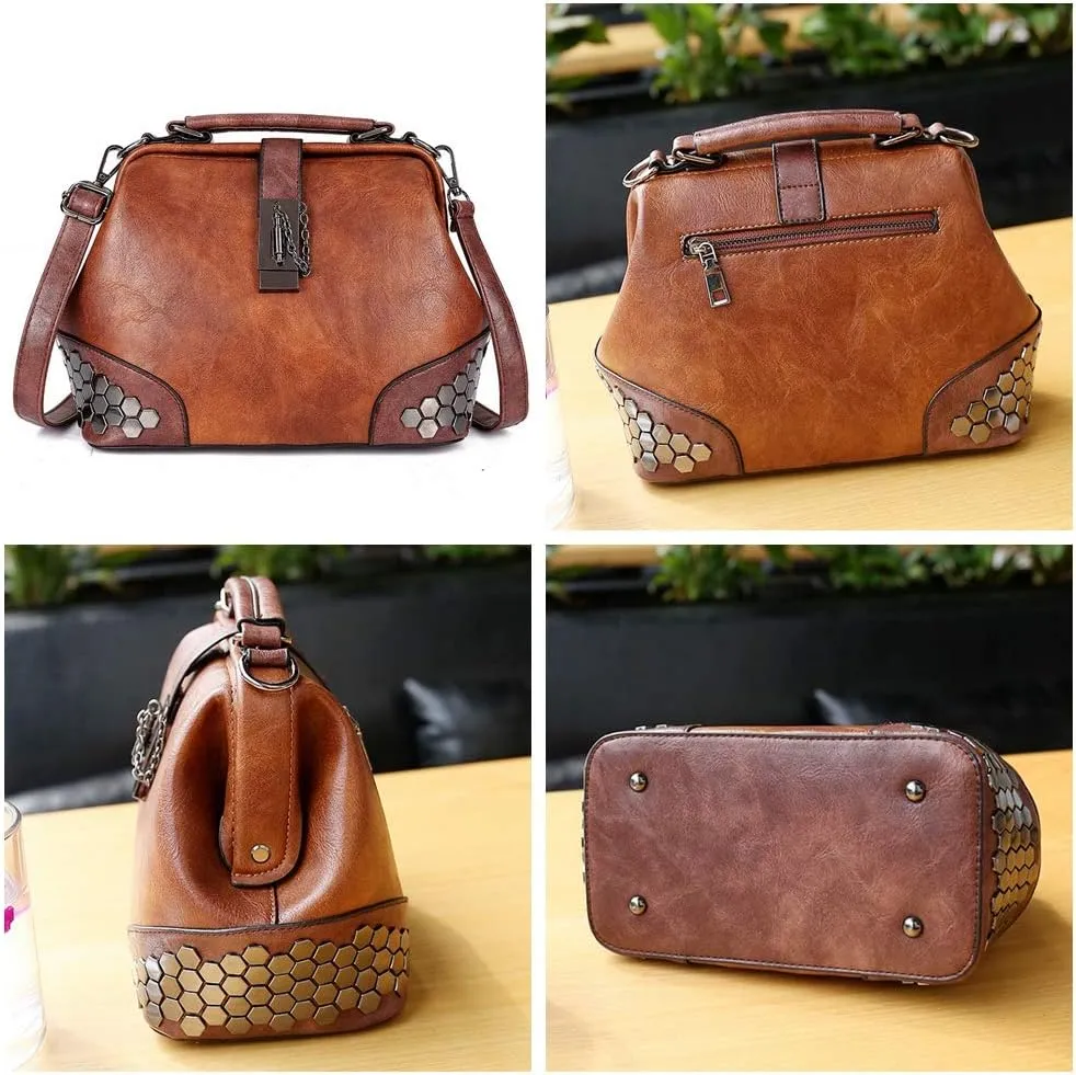 Mn&Sue Gothic Rivet Studded Vintage Doctor Style Cross Body Convertible Bucket Shoulder Handbag for Women