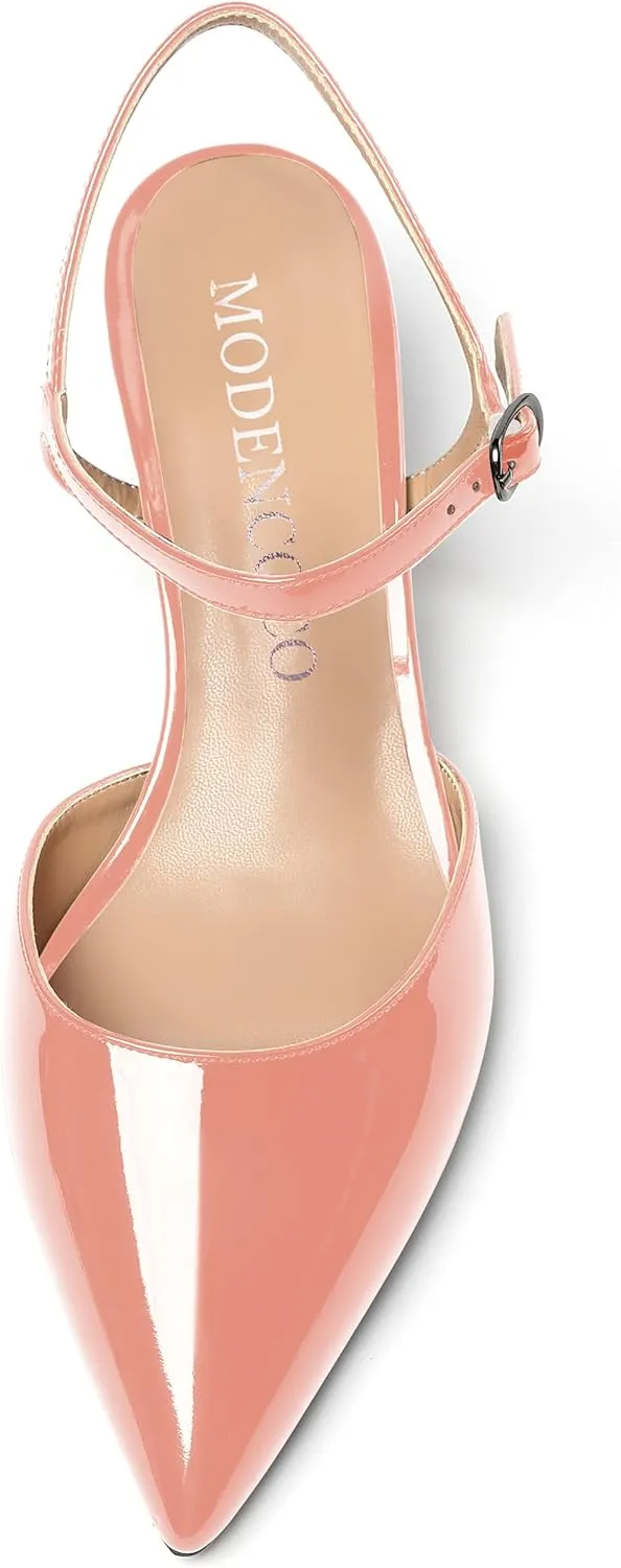 MODENCOCO Women's Pointed Toe Slingback Patent Leather Ankle Strap Kitten Low Heel Pumps Evening Dress Shoes 2 Inch