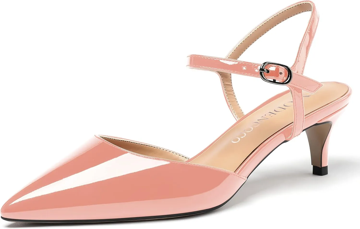 MODENCOCO Women's Pointed Toe Slingback Patent Leather Ankle Strap Kitten Low Heel Pumps Evening Dress Shoes 2 Inch