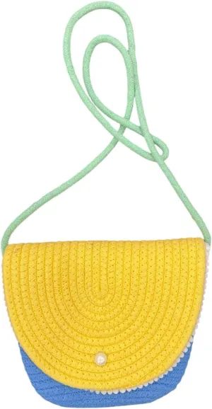Modern Woven Crossbody Bag, Two-Tone Color Block Design with Pearl Button