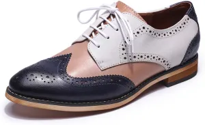 Mona flying Women's Comfortable Multicolored Wingtip Oxfords Brogue Lace-up Leather Shoes for Womens Ladies