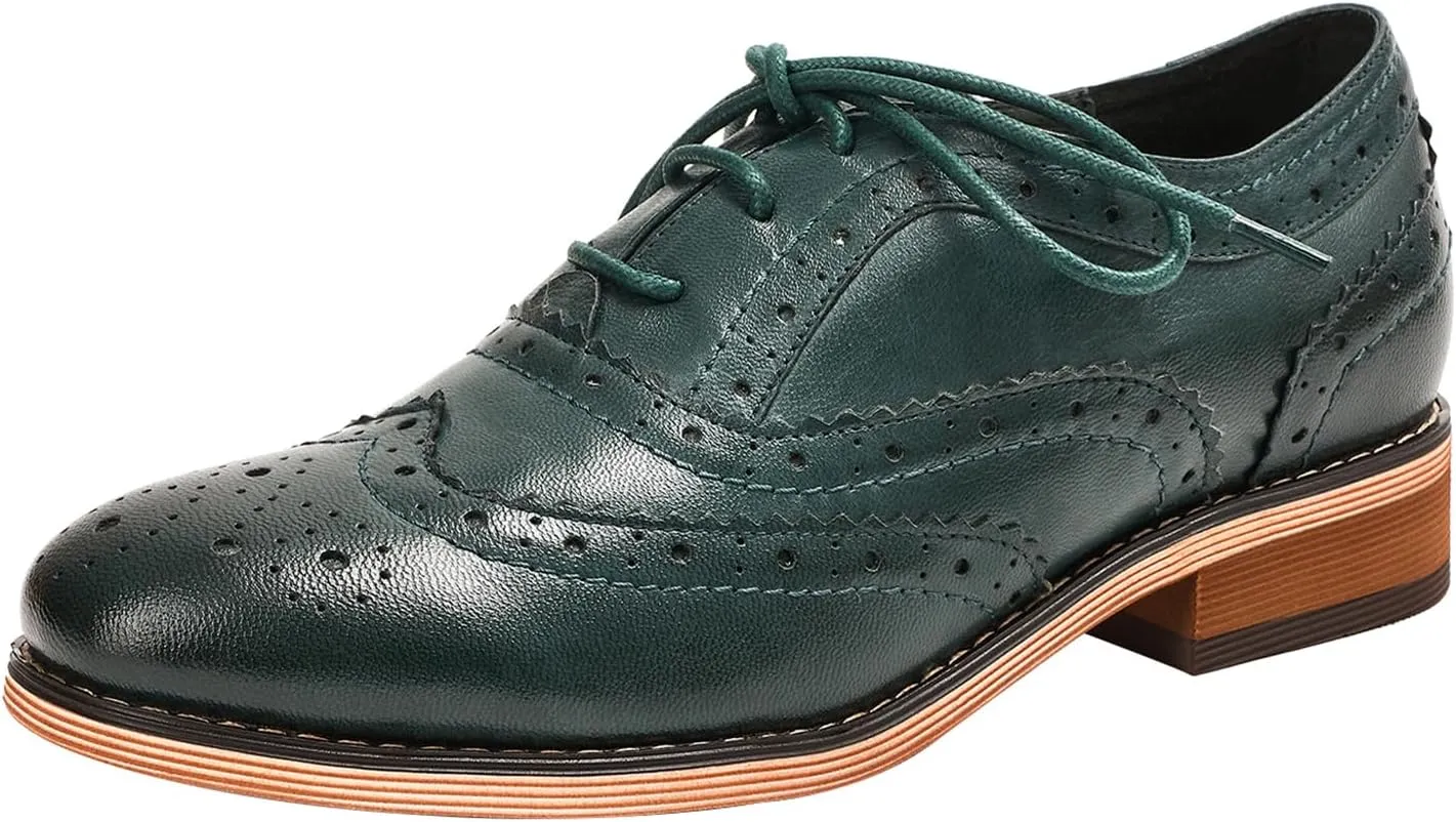 Mona flying Womens Handcrafted Comfy Wingtip Oxfords Brogue Ladies Lace up Leather Shoes