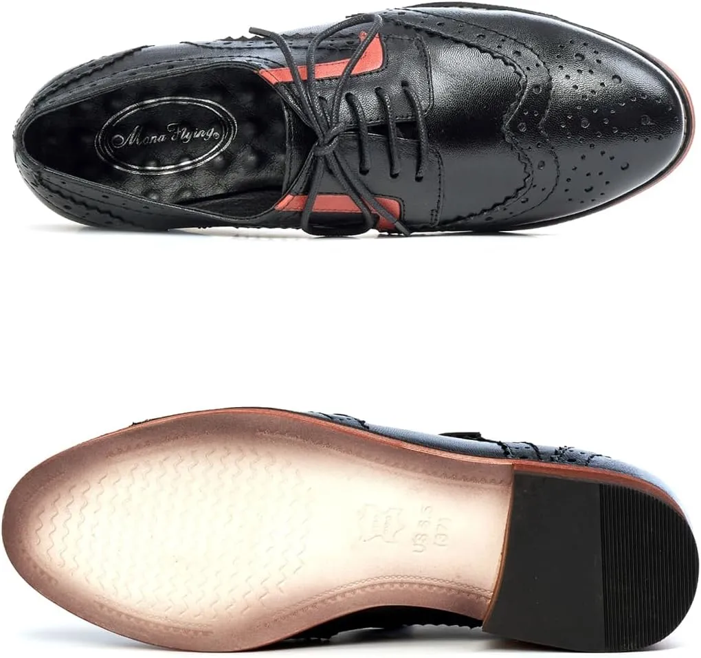 Mona flying Women's Leather Perforated Lace-up Oxfords Brogue Wingtip Derby Shoes for ladis Women