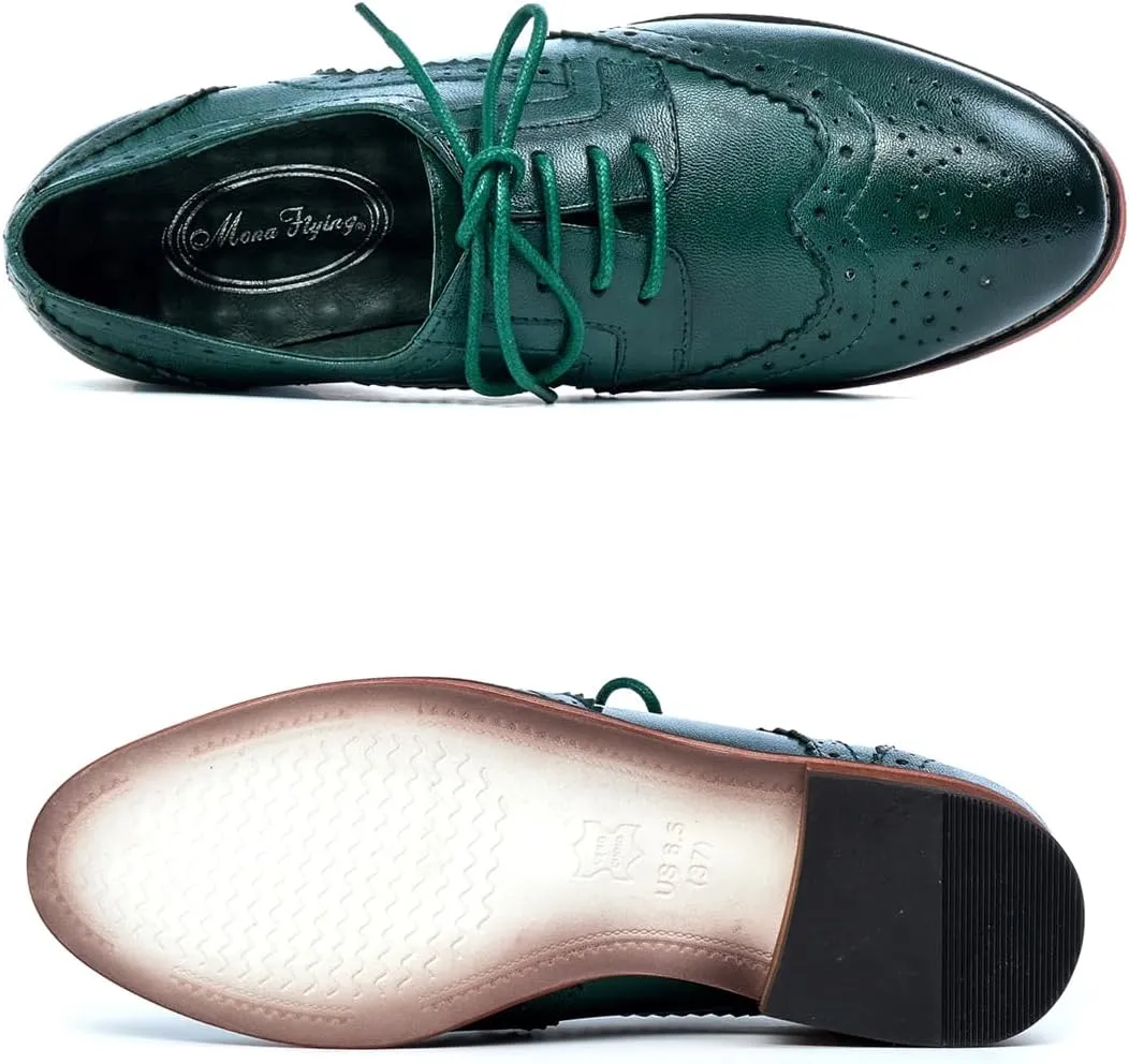 Mona flying Women's Leather Perforated Lace-up Oxfords Brogue Wingtip Derby Shoes for ladis Women
