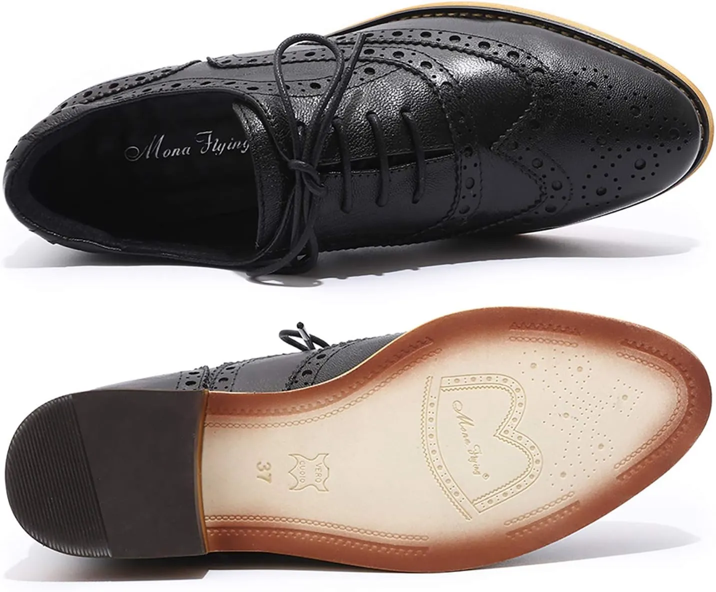 Mona flying Women's Leather Perforated Lace-up Oxfords Brogue Wingtip Shoes for Ladies Women