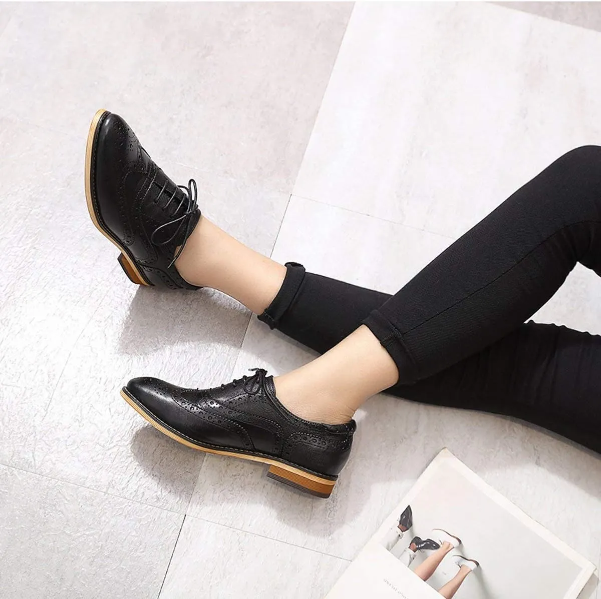 Mona flying Women's Leather Perforated Lace-up Oxfords Brogue Wingtip Shoes for Ladies Women