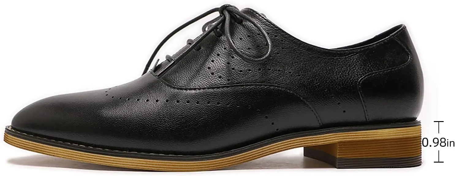 Mona flying Women's Pointed Toe Leather Oxfords Brogue Stylish Lace up Leather Shoes for Work