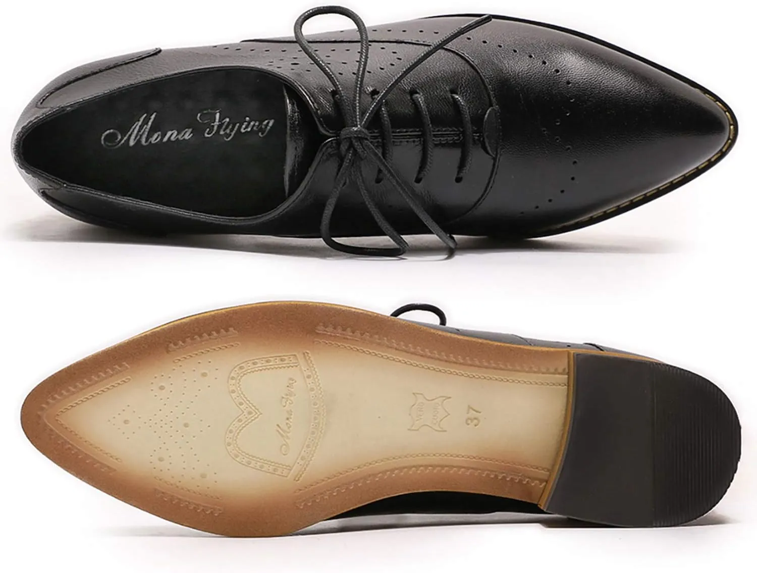 Mona flying Women's Pointed Toe Leather Oxfords Brogue Stylish Lace up Leather Shoes for Work