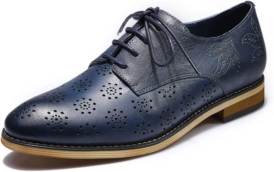 Mona flying Women's Printed Oxfords Brogue Derby Ladies Lace up Leather Shoes