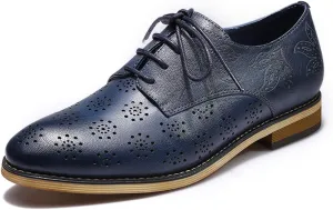 Mona flying Women's Printed Oxfords Brogue Derby Ladies Lace up Leather Shoes