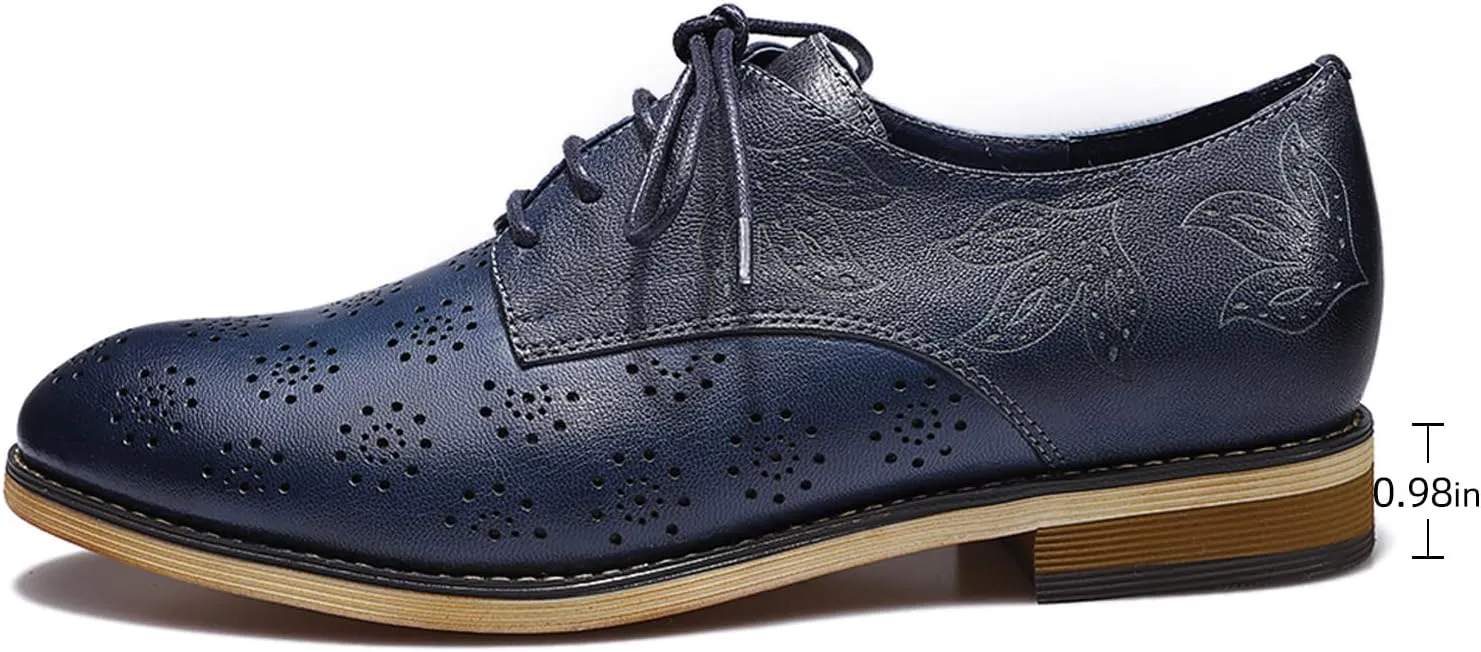 Mona flying Women's Printed Oxfords Brogue Derby Ladies Lace up Leather Shoes