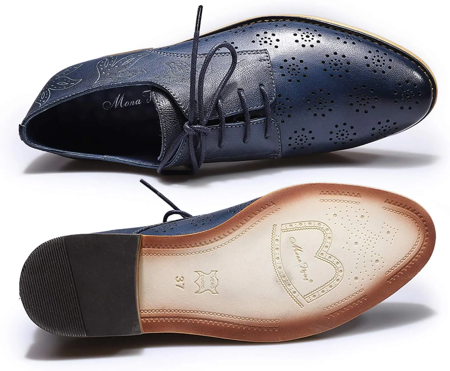 Mona flying Women's Printed Oxfords Brogue Derby Ladies Lace up Leather Shoes