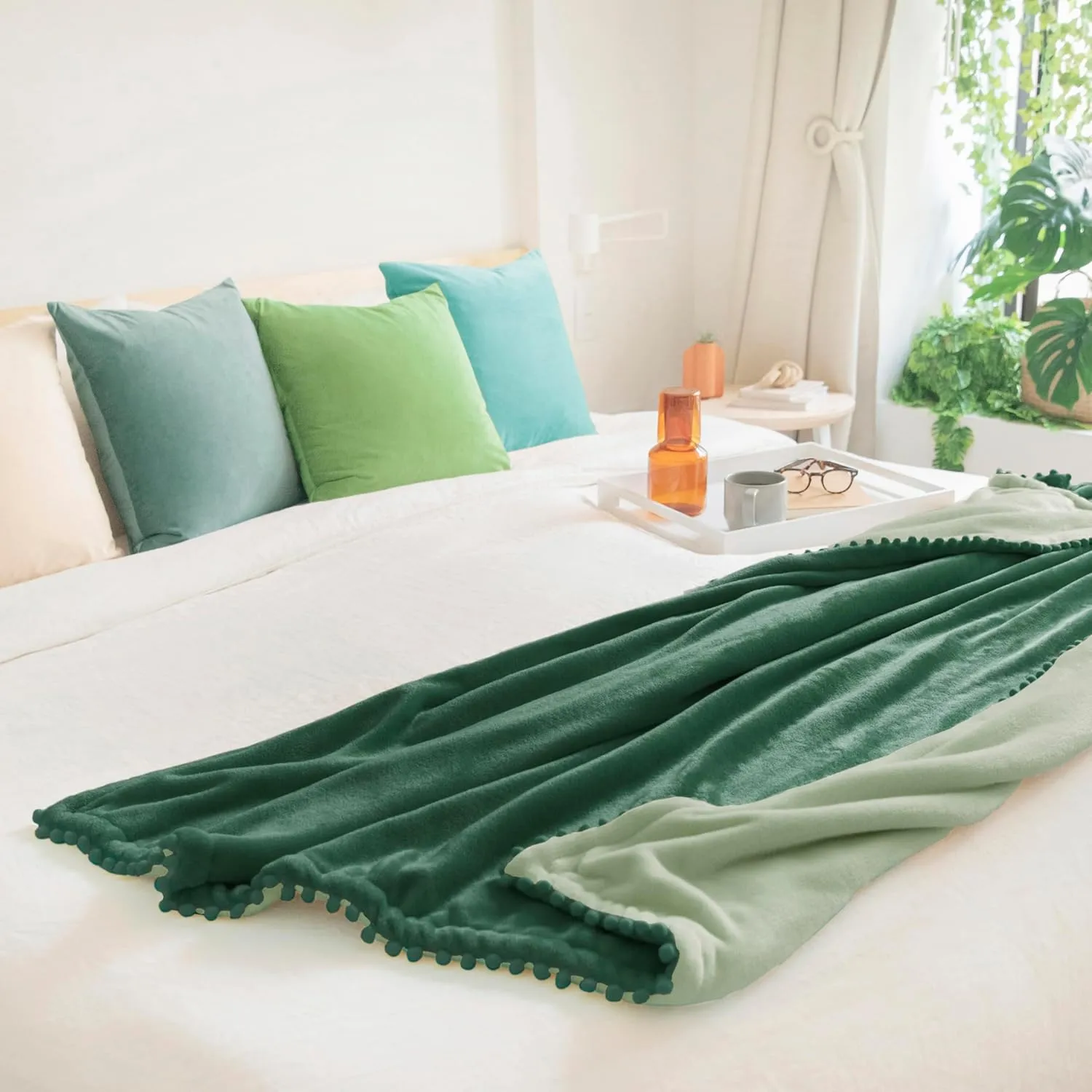MONDAY MOOSE Cozy Fleece Throw Blanket with Pom Pom Fringe, Super Soft Lightweight Blanket, Double-Sided Designs, for Couch Bed Sofa Home Decor (50x60 inch, Dark Green/Sage)