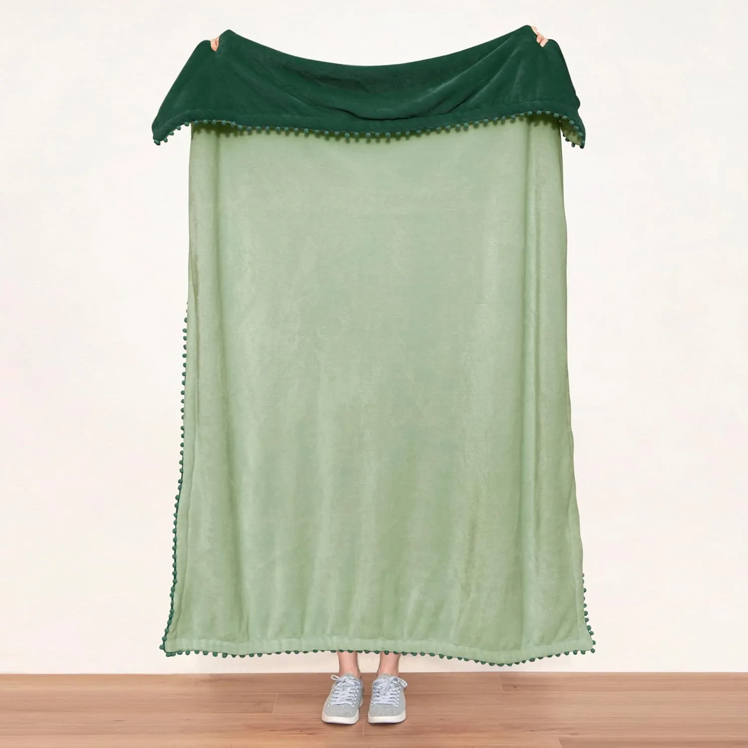 MONDAY MOOSE Cozy Fleece Throw Blanket with Pom Pom Fringe, Super Soft Lightweight Blanket, Double-Sided Designs, for Couch Bed Sofa Home Decor (50x60 inch, Dark Green/Sage)