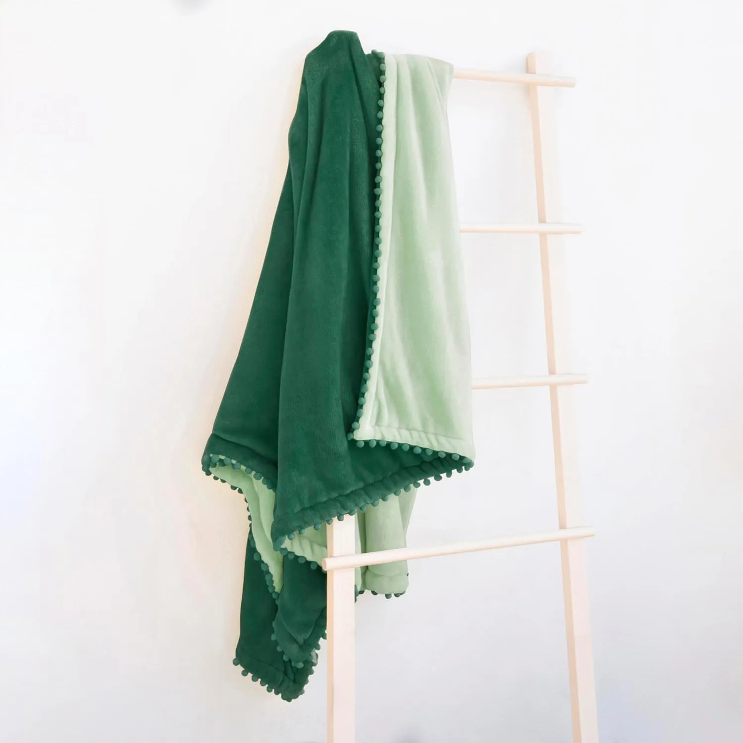 MONDAY MOOSE Cozy Fleece Throw Blanket with Pom Pom Fringe, Super Soft Lightweight Blanket, Double-Sided Designs, for Couch Bed Sofa Home Decor (50x60 inch, Dark Green/Sage)