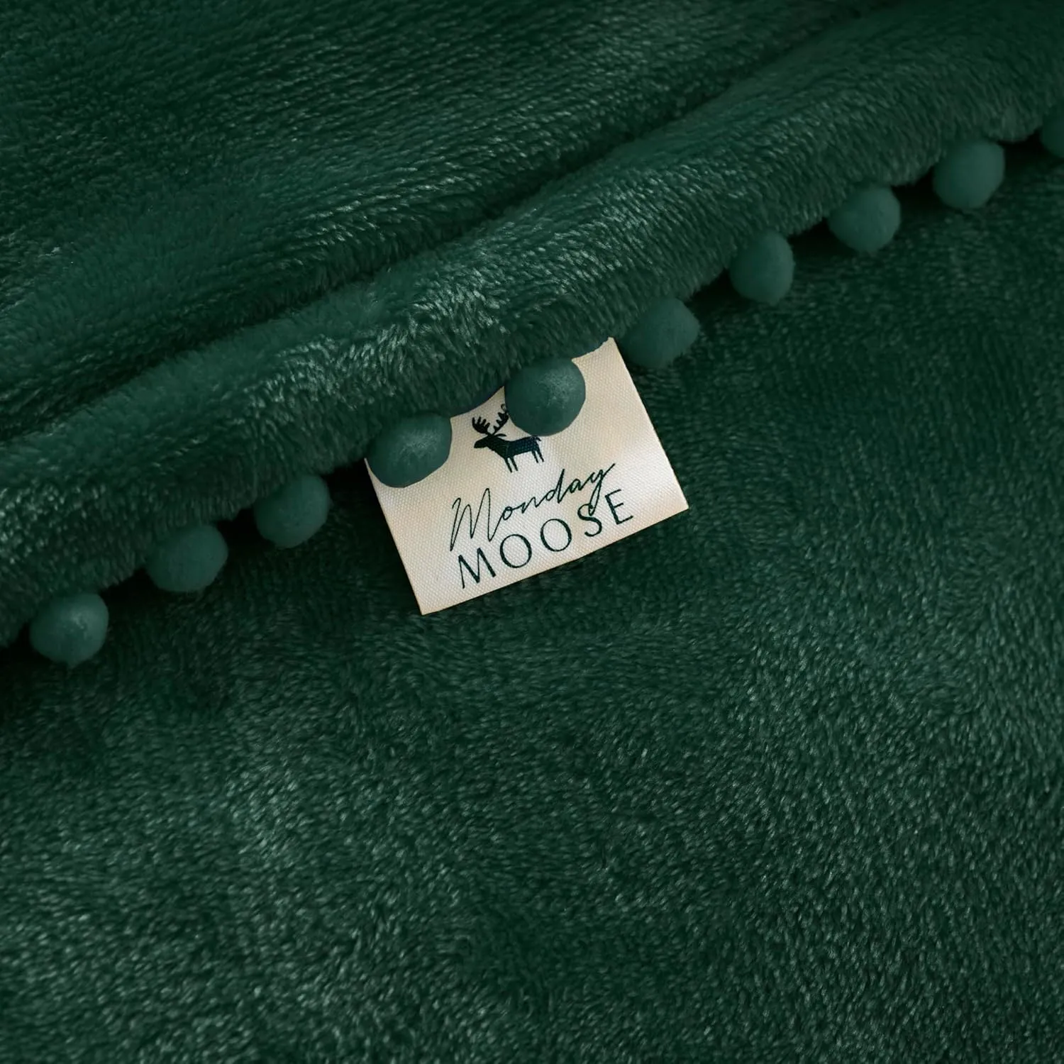 MONDAY MOOSE Cozy Fleece Throw Blanket with Pom Pom Fringe, Super Soft Lightweight Blanket, Double-Sided Designs, for Couch Bed Sofa Home Decor (50x60 inch, Dark Green/Sage)