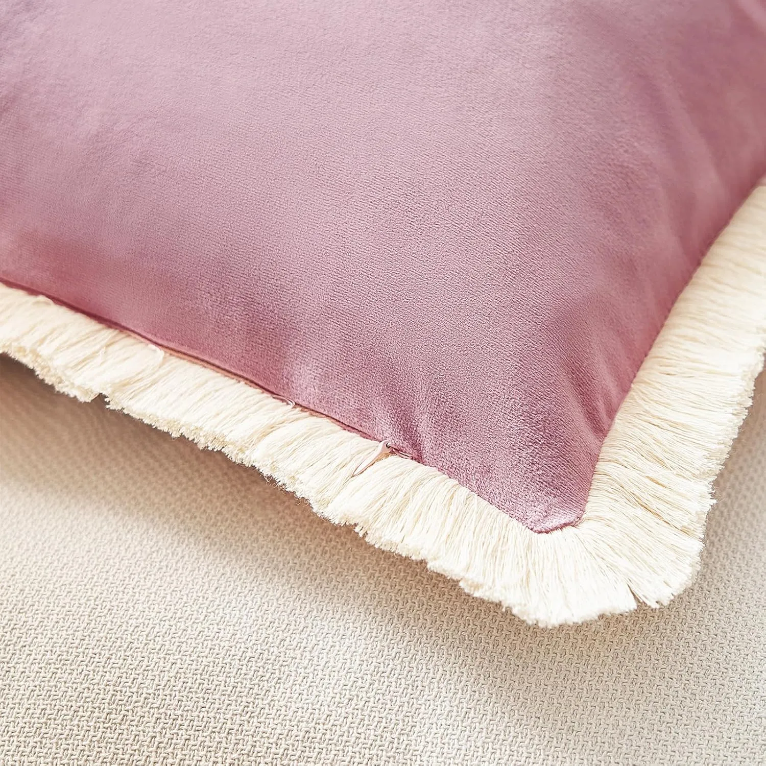 MONDAY MOOSE Decorative Throw Pillow Covers Cushion Cases, Set of 2 Soft Velvet Modern Fringe Tassel Designs, Mix and Match for Home Decor, Pillow Inserts Not Included (Dusty Pink, 16x16 inch)
