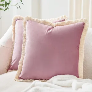 MONDAY MOOSE Decorative Throw Pillow Covers Cushion Cases, Set of 2 Soft Velvet Modern Fringe Tassel Designs, Mix and Match for Home Decor, Pillow Inserts Not Included (Dusty Pink, 16x16 inch)