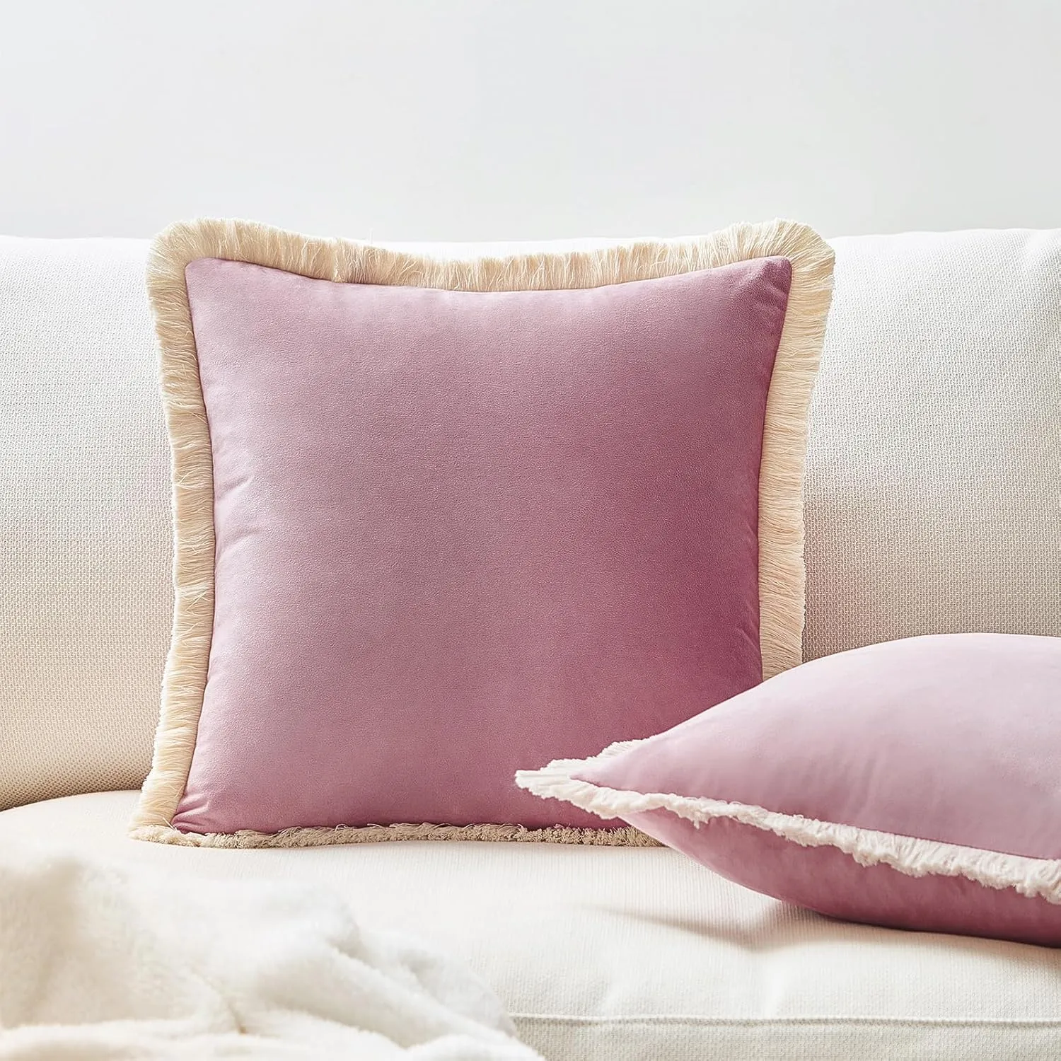 MONDAY MOOSE Decorative Throw Pillow Covers Cushion Cases, Set of 2 Soft Velvet Modern Fringe Tassel Designs, Mix and Match for Home Decor, Pillow Inserts Not Included (Dusty Pink, 16x16 inch)