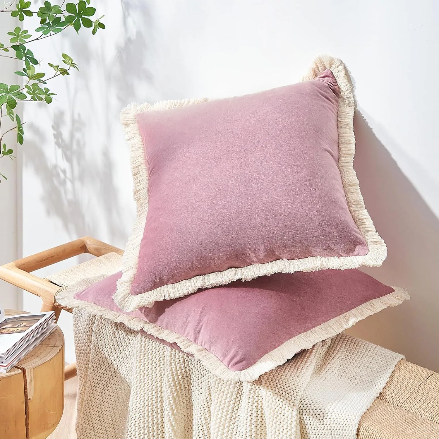 MONDAY MOOSE Decorative Throw Pillow Covers Cushion Cases, Set of 2 Soft Velvet Modern Fringe Tassel Designs, Mix and Match for Home Decor, Pillow Inserts Not Included (Dusty Pink, 16x16 inch)