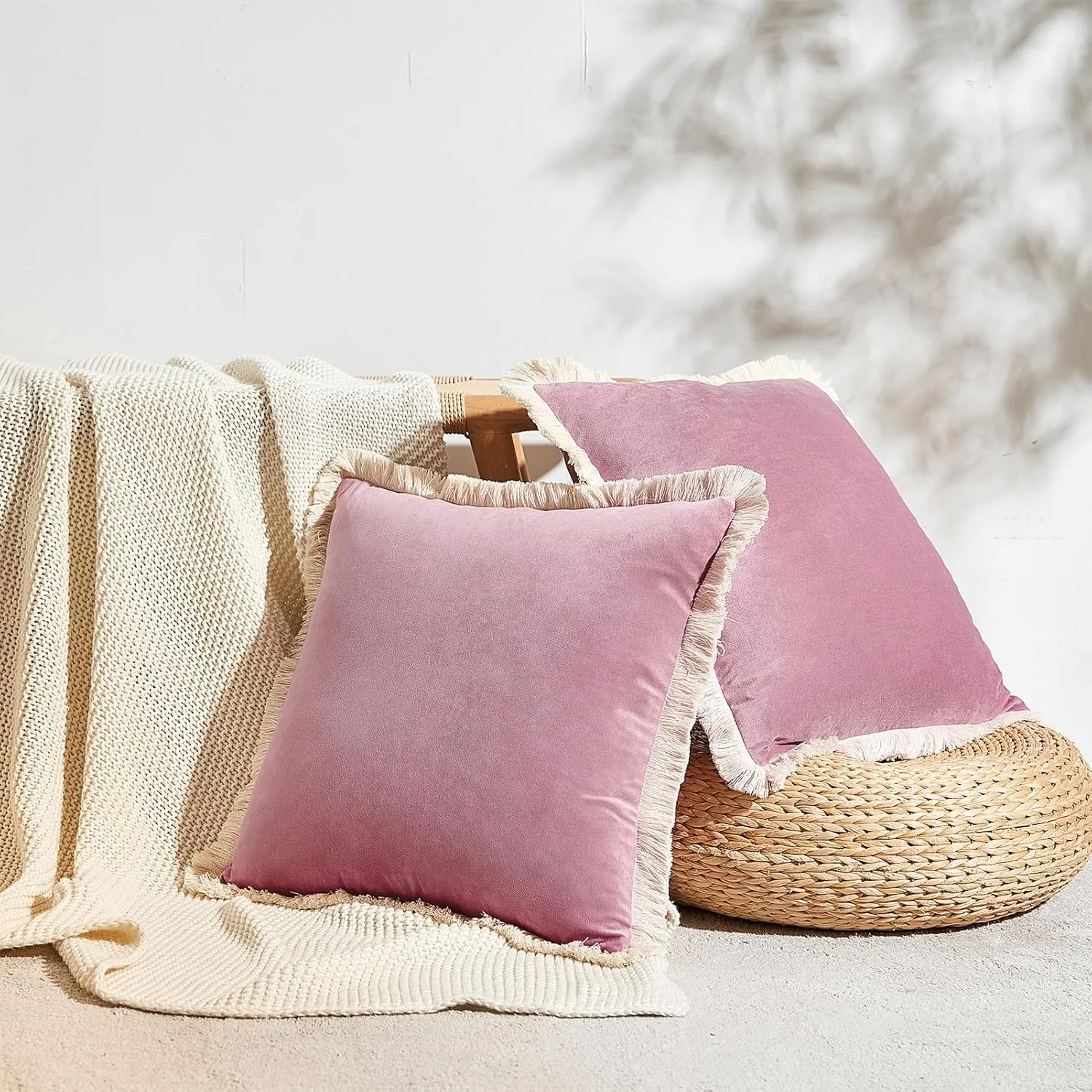 MONDAY MOOSE Decorative Throw Pillow Covers Cushion Cases, Set of 2 Soft Velvet Modern Fringe Tassel Designs, Mix and Match for Home Decor, Pillow Inserts Not Included (Dusty Pink, 16x16 inch)