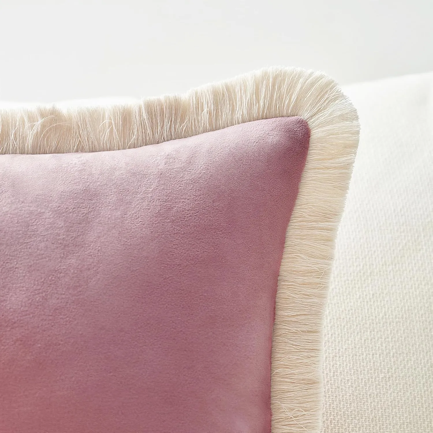 MONDAY MOOSE Decorative Throw Pillow Covers Cushion Cases, Set of 2 Soft Velvet Modern Fringe Tassel Designs, Mix and Match for Home Decor, Pillow Inserts Not Included (Dusty Pink, 16x16 inch)