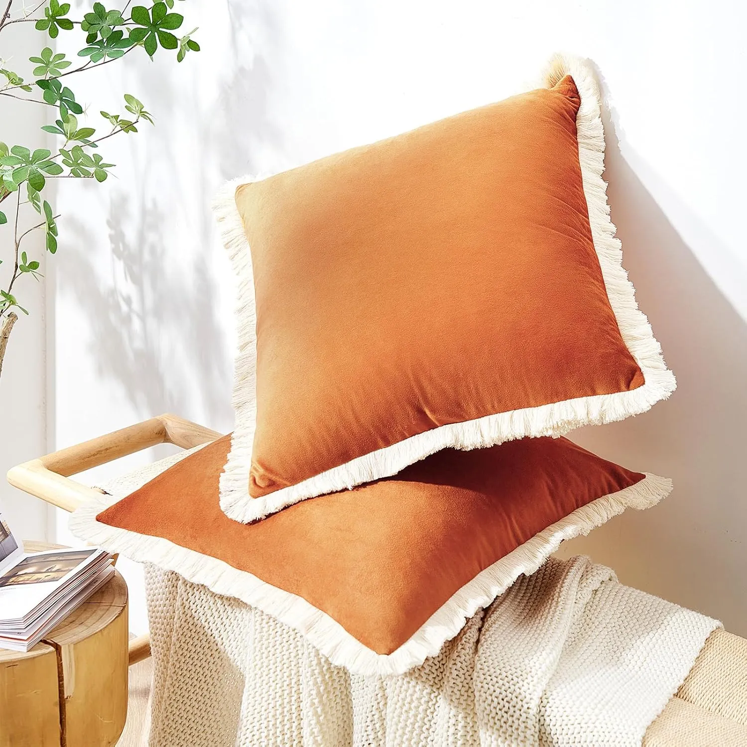 MONDAY MOOSE Decorative Throw Pillow Covers Cushion Cases, Set of 2 Soft Velvet Modern Fringe Tassel Designs, Mix and Match for Home Decor, Pillow Inserts Not Included (Orange, 20x20 inch)