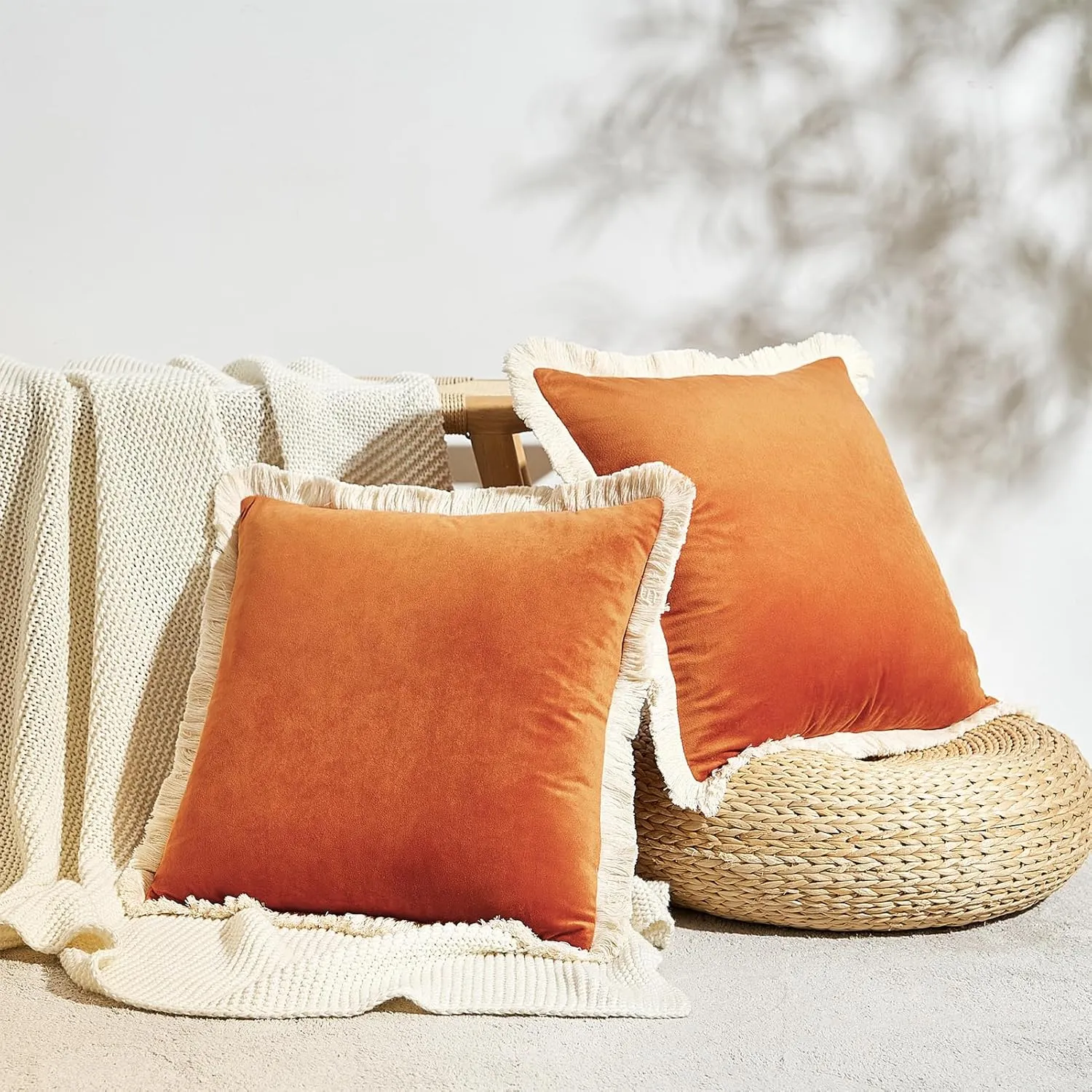 MONDAY MOOSE Decorative Throw Pillow Covers Cushion Cases, Set of 2 Soft Velvet Modern Fringe Tassel Designs, Mix and Match for Home Decor, Pillow Inserts Not Included (Orange, 20x20 inch)