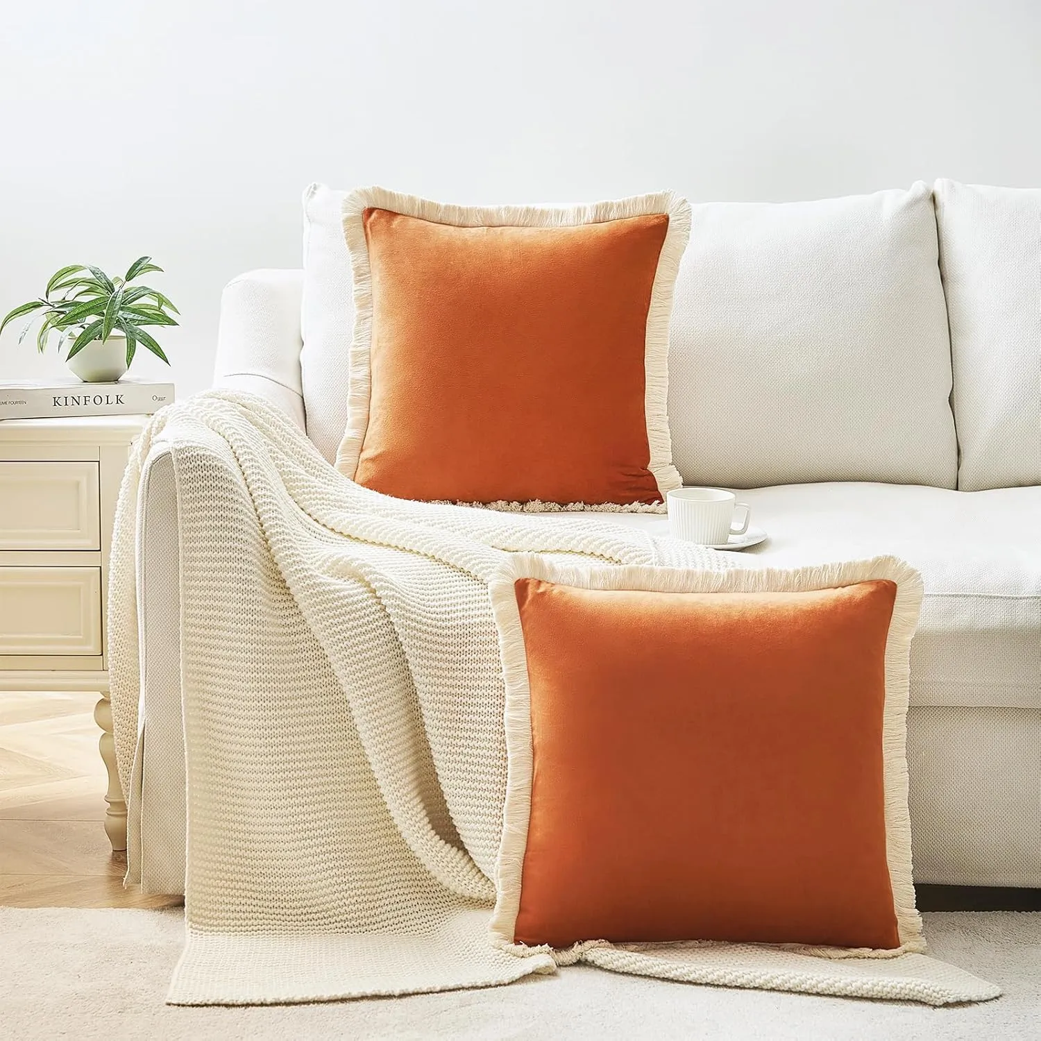 MONDAY MOOSE Decorative Throw Pillow Covers Cushion Cases, Set of 2 Soft Velvet Modern Fringe Tassel Designs, Mix and Match for Home Decor, Pillow Inserts Not Included (Orange, 20x20 inch)