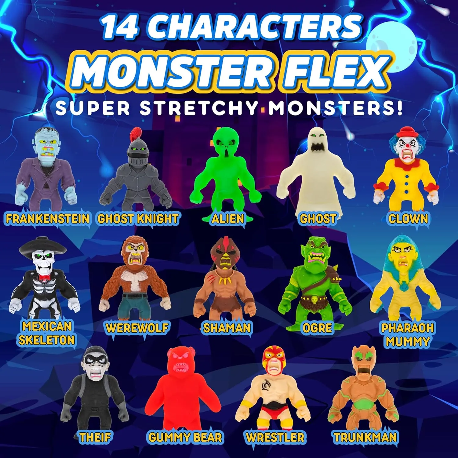 Monster Flex Stretchy Toys for Boys and Girls - 14 Unique Spooky Stretch Monsters - Stretch Guy Toys for Kids Birthday Gift Party Favors, Sensory Fidget Stress Toys for Kids - Series 3 (Ghost Knight)
