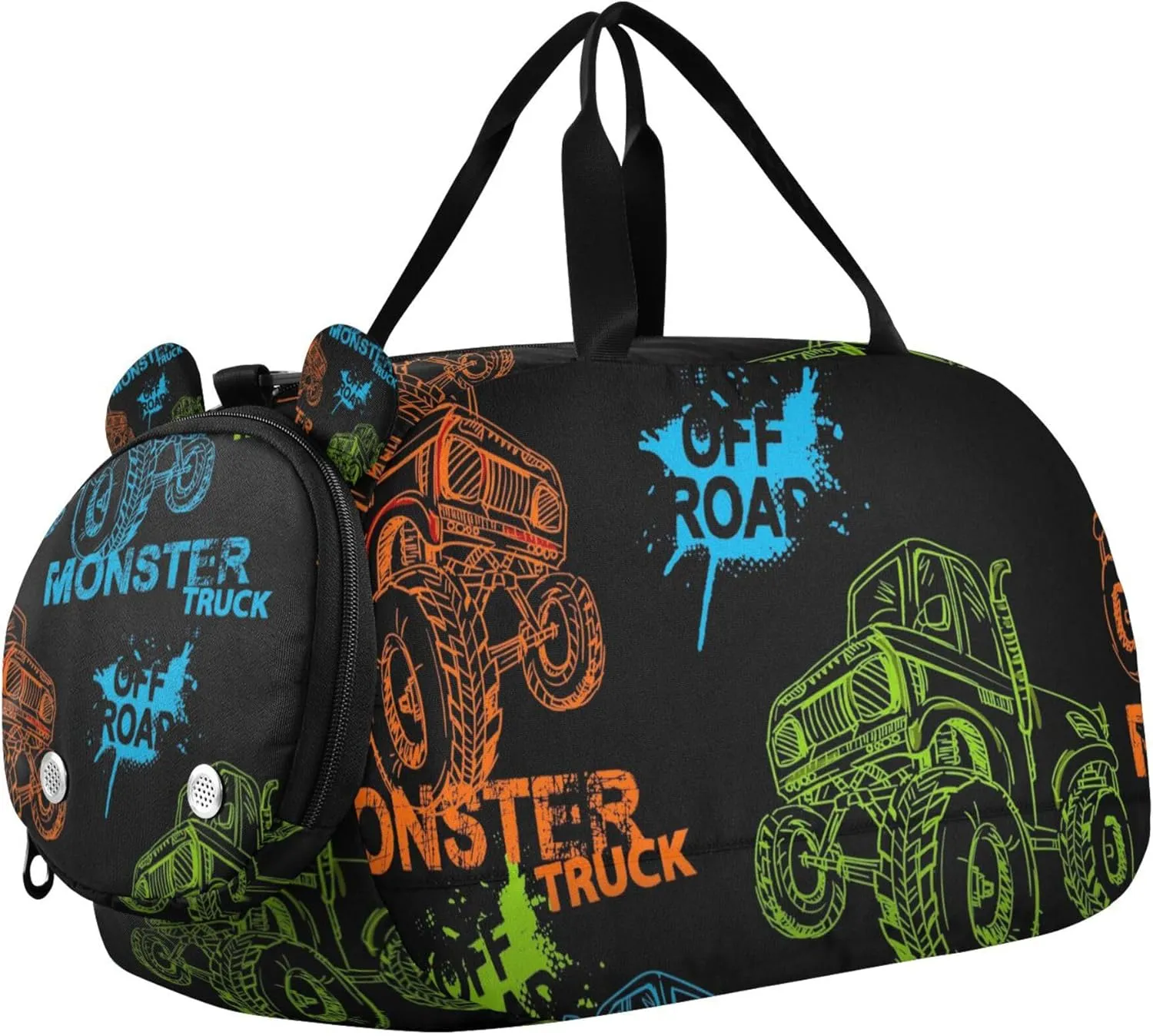 Monster Truck Car Colorful Sports Duffle Bag for Girls Boys, Gym Bag with Shoe Compartment, Kids Travel Overnight Weekender Shoulder Bag